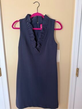 Lilly Pulitzer Navy Sleeveless Ruffle V-Neck Mini Dress